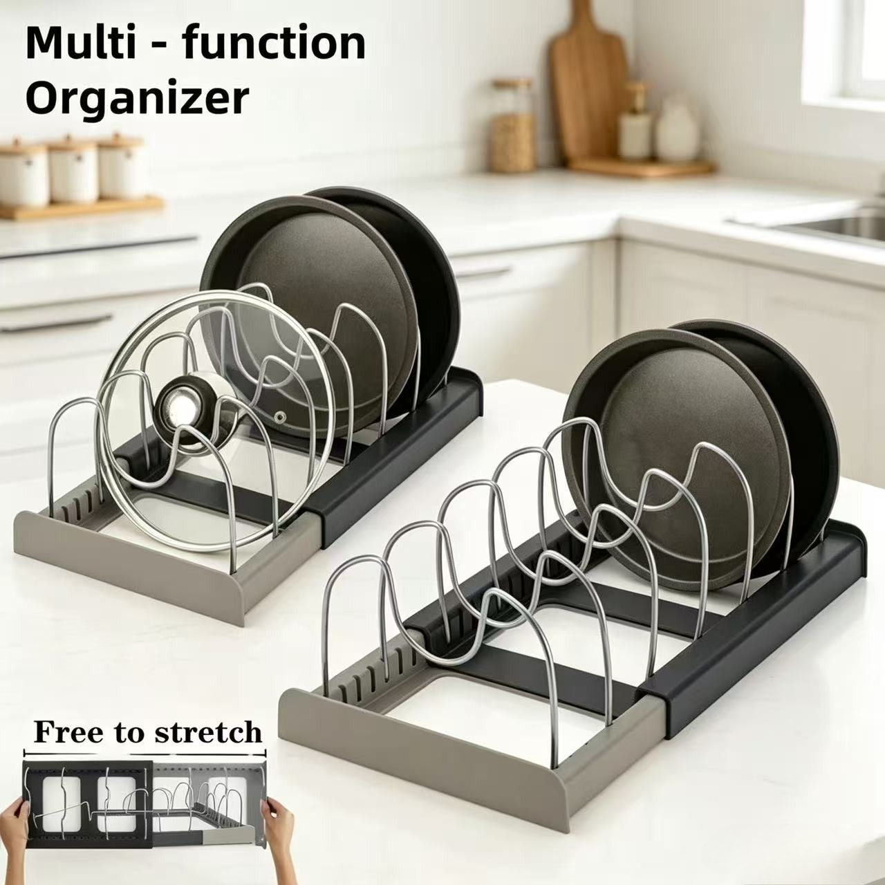 Kitchen Baking Pan Organizer - Rak Panci Teleskopik 7-grid, Pengatur Panci,